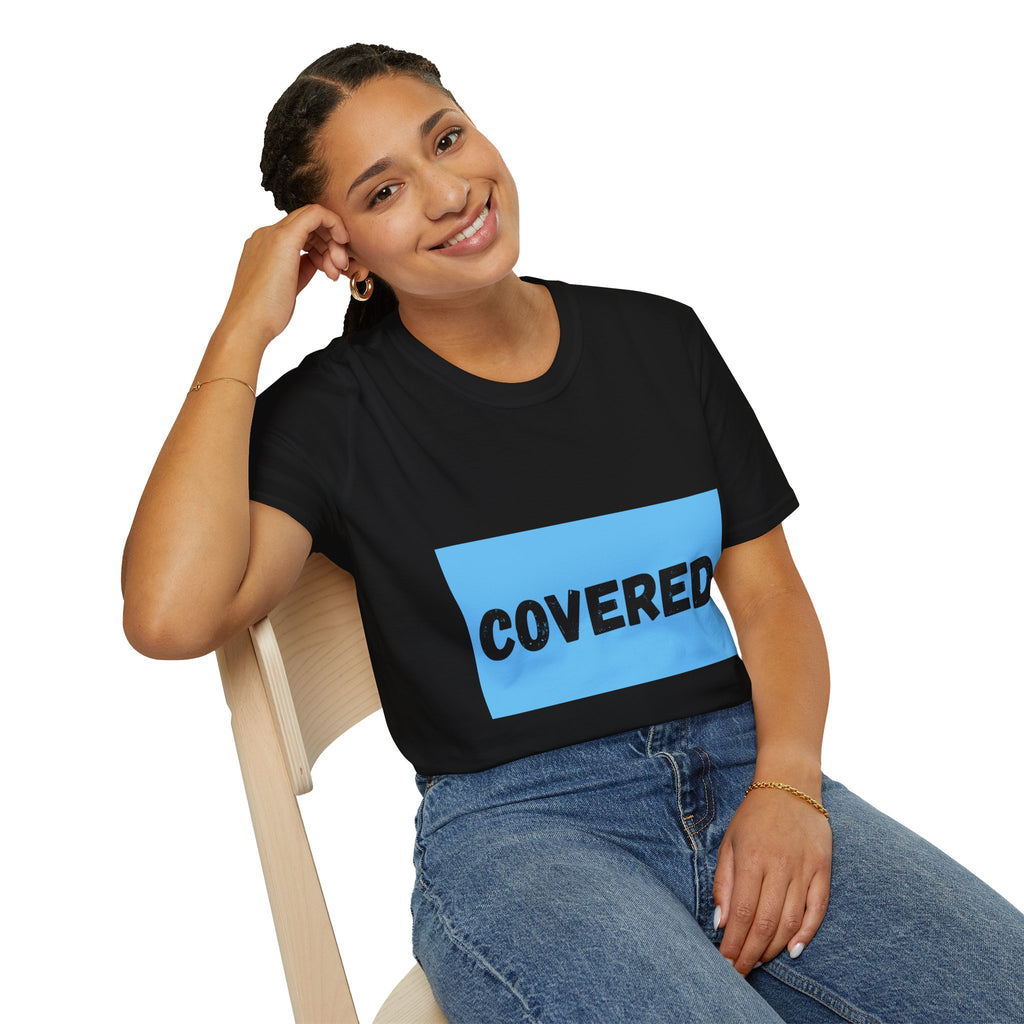 COVERED blue square graphic T-Shirt | bold text minimalist tee