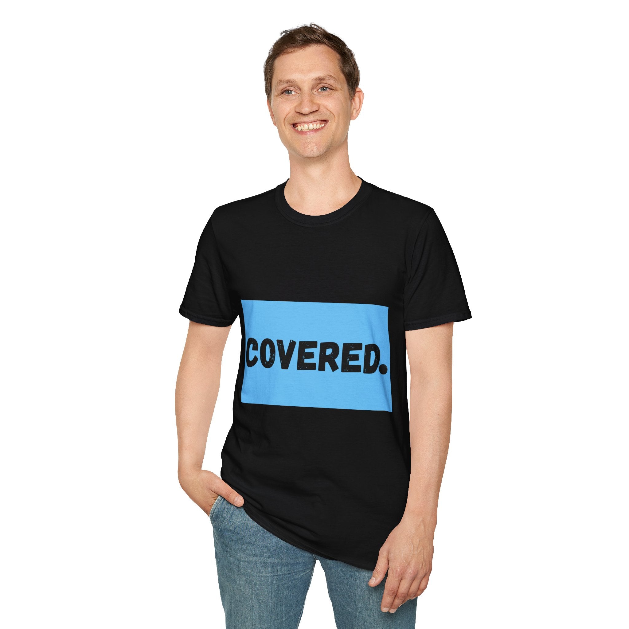 COVERED blue square graphic T-Shirt | bold text minimalist tee