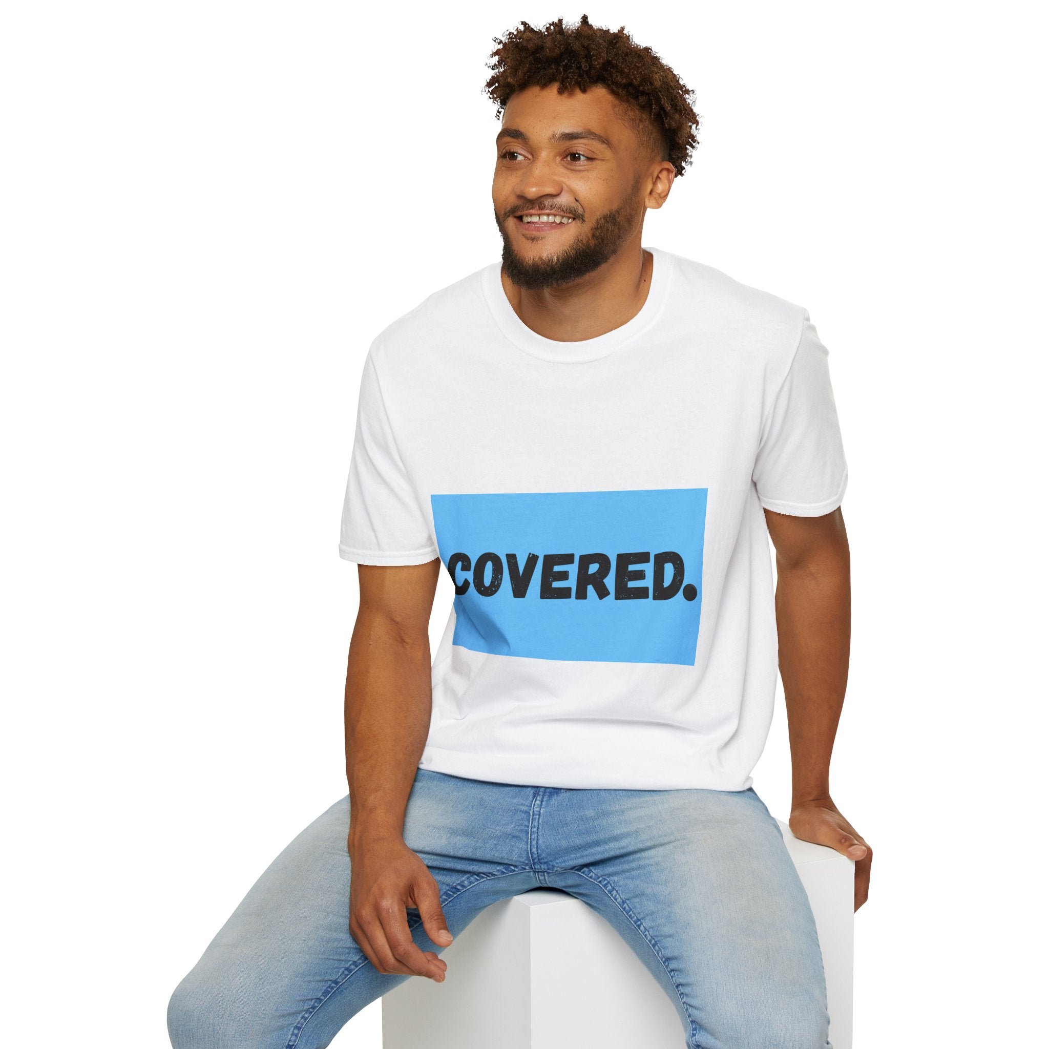 COVERED blue square graphic T-Shirt | bold text minimalist tee